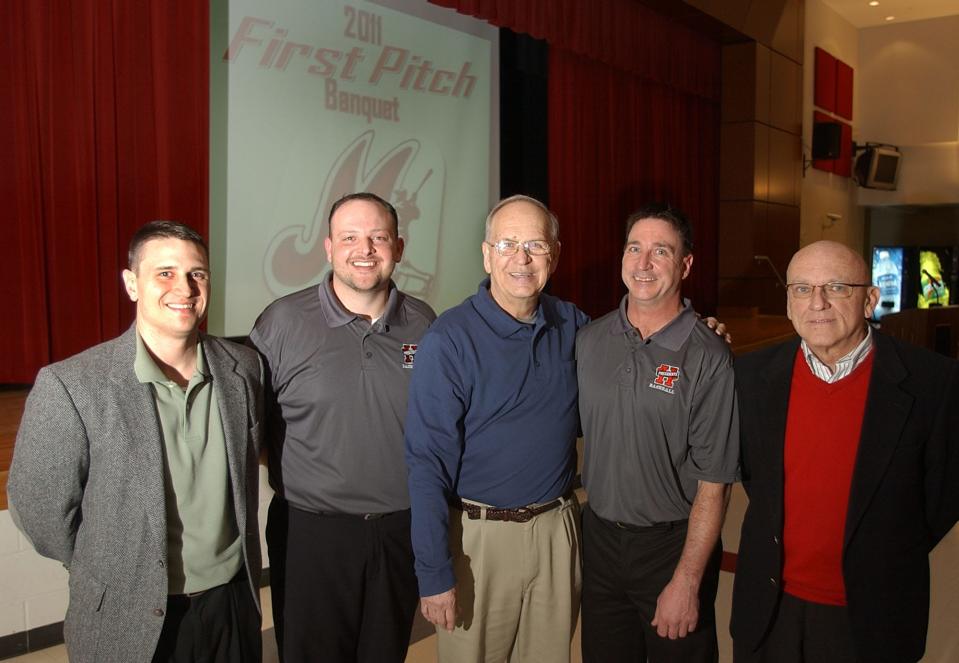Former Marion Harding baseball coaches past and present pose for a photograph at the 2011 First Pitch baseball banquet held at Harding High School. From left is Chad Thrush, Brett McCrery, Greg Swepston, Mike Pace, and Larry Merchant.