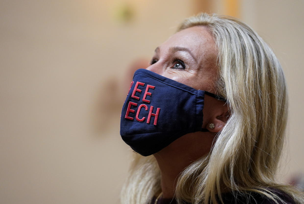 Rep. Marjorie Taylor Greene, R-Ga., arrives on Capitol Hill Thursday. (Kevin Lamarque/Reuters)