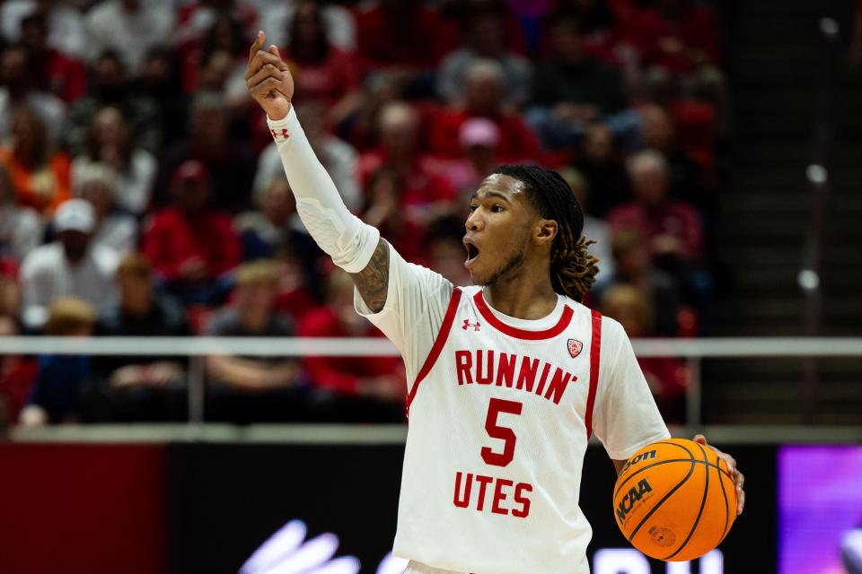 Utah Utes guard Deivon Smith (5) brings the ball down the court during the men’s college basketball game between the Utah Utes and the Colorado Buffaloes at the Jon M. Huntsman Center in Salt Lake City on Saturday, Feb. 3, 2024. | Megan Nielsen, Deseret News