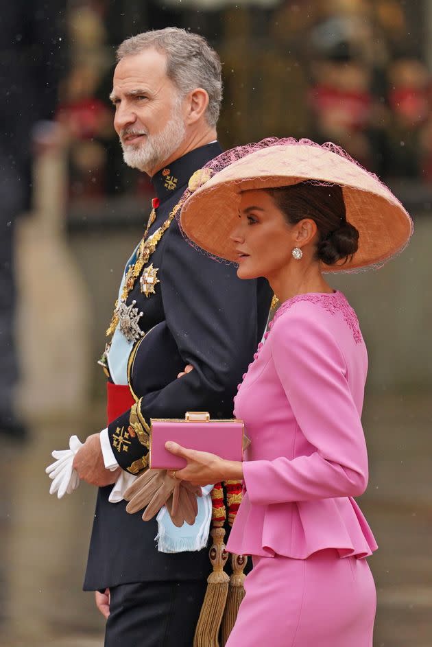 King Felipe VI and Queen Letizia of Spain arrive ahead of the coronation ceremony of King Charles III and Queen Camilla at Westminster Abbey.