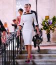 <p>Sarah Jessica Parker was spotted on set in a fitted monochrome dress and hot pink heels. </p>