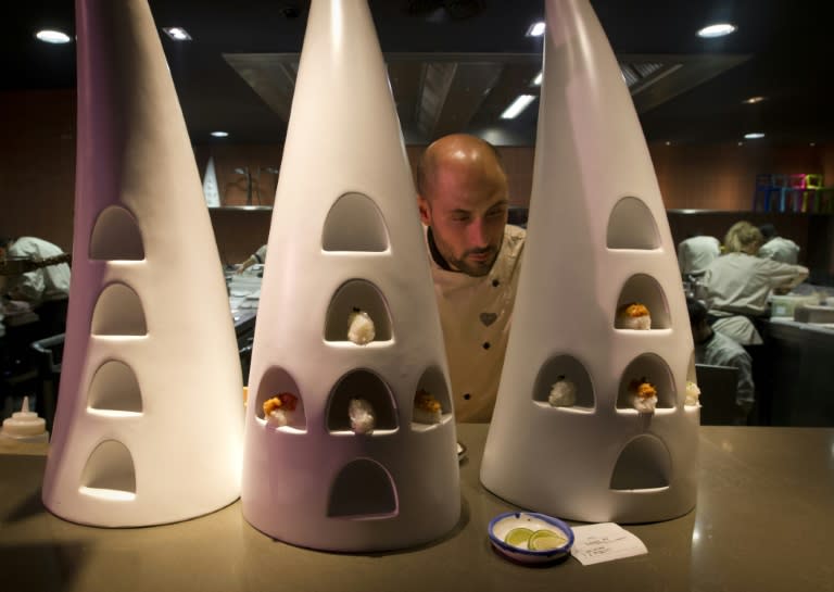 A chef preparing Japanese sushi pyramids in the Heart restaurant's kitchen in Ibiza on June 29, 2015