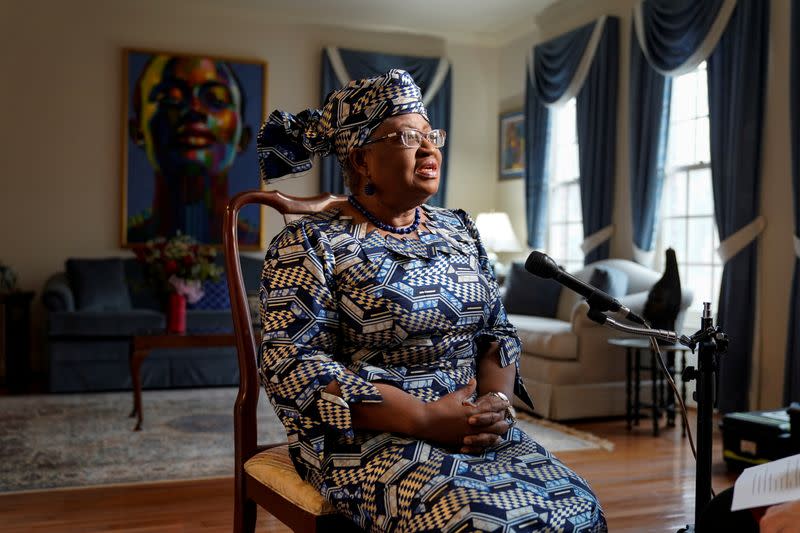 World Trade Organization (WTO) President Ngozi Okonjo-Iweala speaks during an interview in Potomac, Maryland.