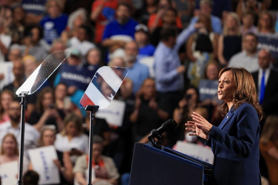 The vice president has pitched her campaign around support for abortion rights, voting rights, ending gun violence, boosting the middle class and making the case against Trump (REUTERS)