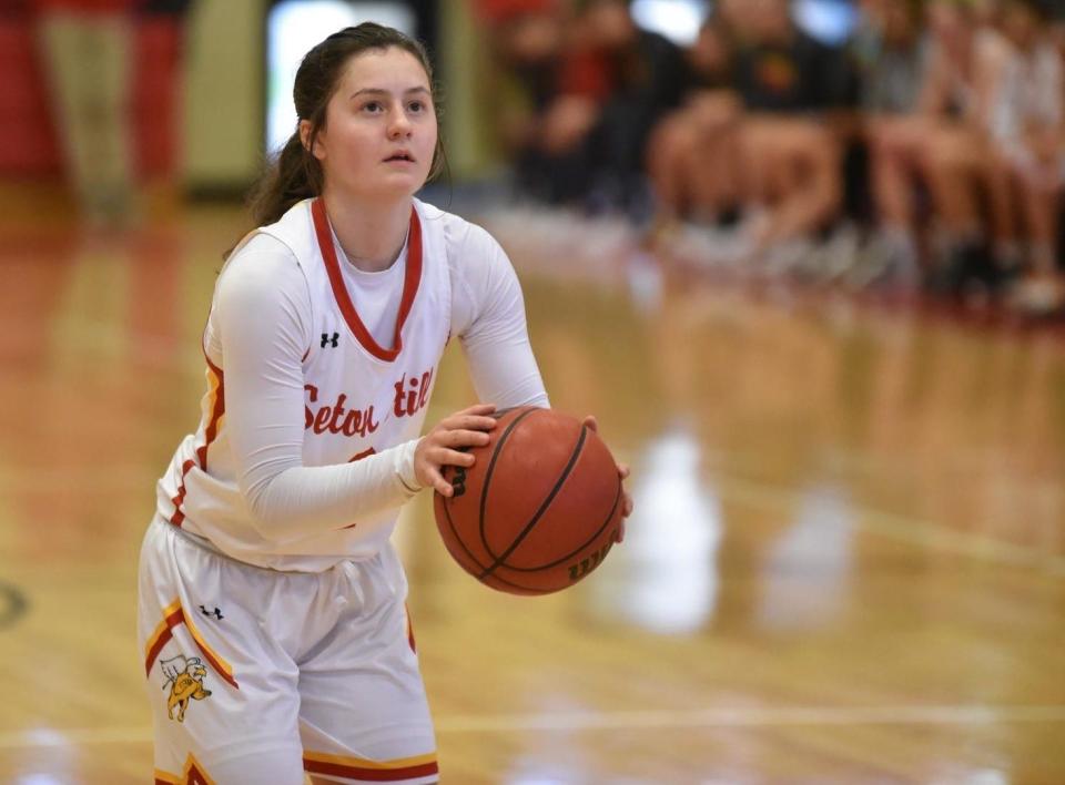 Seton Hill guard Christiane Frye looks at the hoop before attempting a free throw during a PSAC game earlier this season.