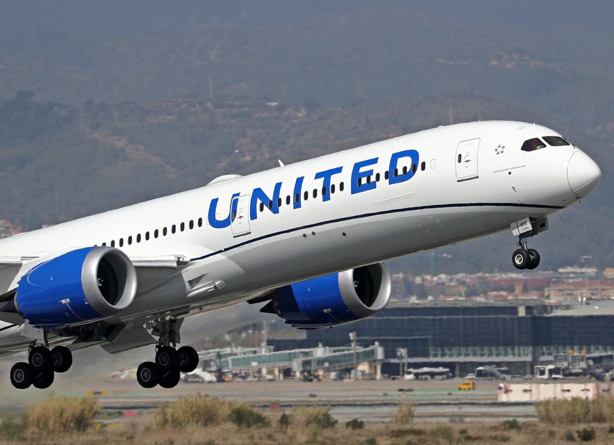 Boeing 787-10 Dreamliner, from United Airlines company, taking off from Barcelona airport, in Barcelona on 28th March 2023.