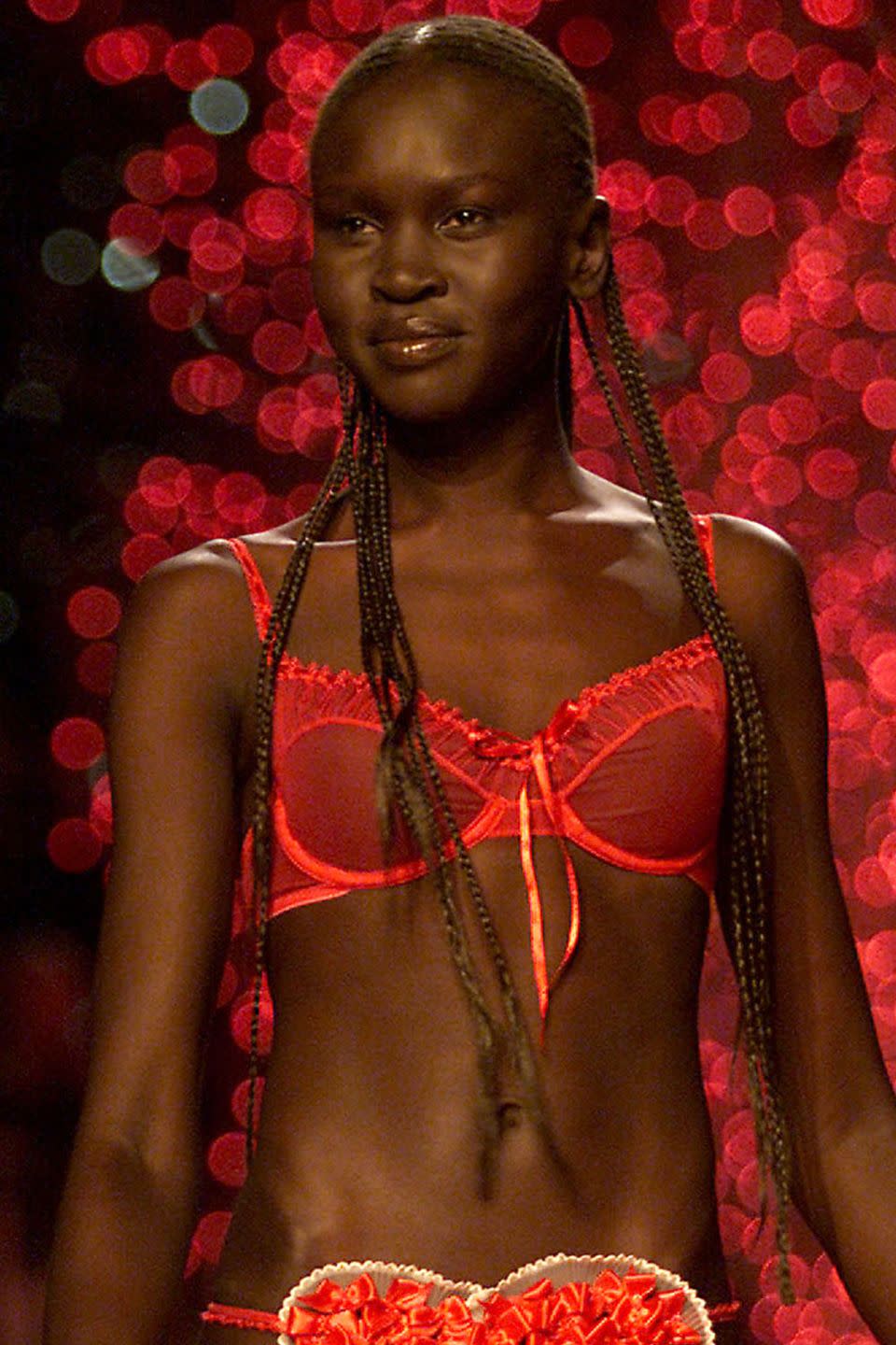 <p>Model Alek Wek wearing long, beautiful braids on the 2001 runway.</p>