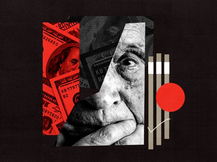 Photo illustration of an old man with money in the background.