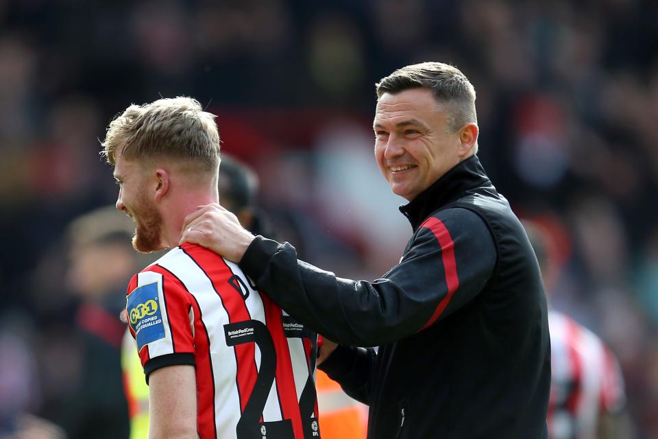 Sheffield United manager Paul Heckingbottom congratulates Tommy Doyle (Nigel French/PA). (PA Wire)