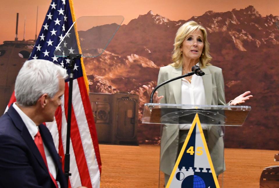 First lady Jill Biden addresses the media and a group of Space Force military spouses on Monday.