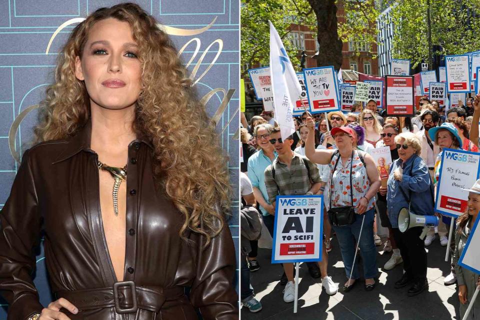 <p>Tristan Fewings/Getty Images; Dimitrios Kambouris/Getty Images</p> Blake Lively; writers strike in England in solidarity with the WGA