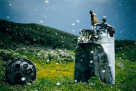 <p>Villagers collect scrap from a crashed spacecraft, surrounded by thousands of white butterflies in Altai Territory, Russia, 2000. Environmentalists fear for the region’s future due to the toxic rocket fuel. (© Jonas Bendiksen/Magnum Photos) </p>