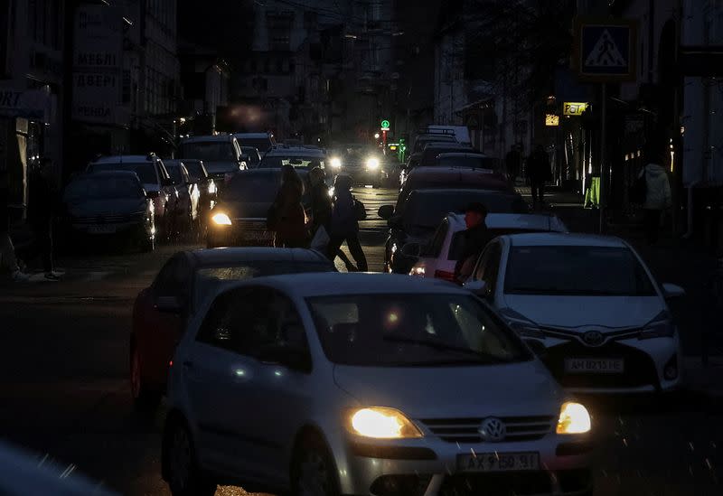 FILE PHOTO: City without electricity after critical civil infrastructure was hit by Russian missile attacks in Kharkiv