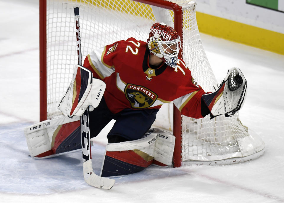 Florida Panthers goaltender Sergei Bobrovsky (72) stops the puck during the first period of an NHL hockey game against the Chicago Blackhawks, Friday, March 10, 2023, in Sunrise, Fla. (AP Photo/Michael Laughlin)