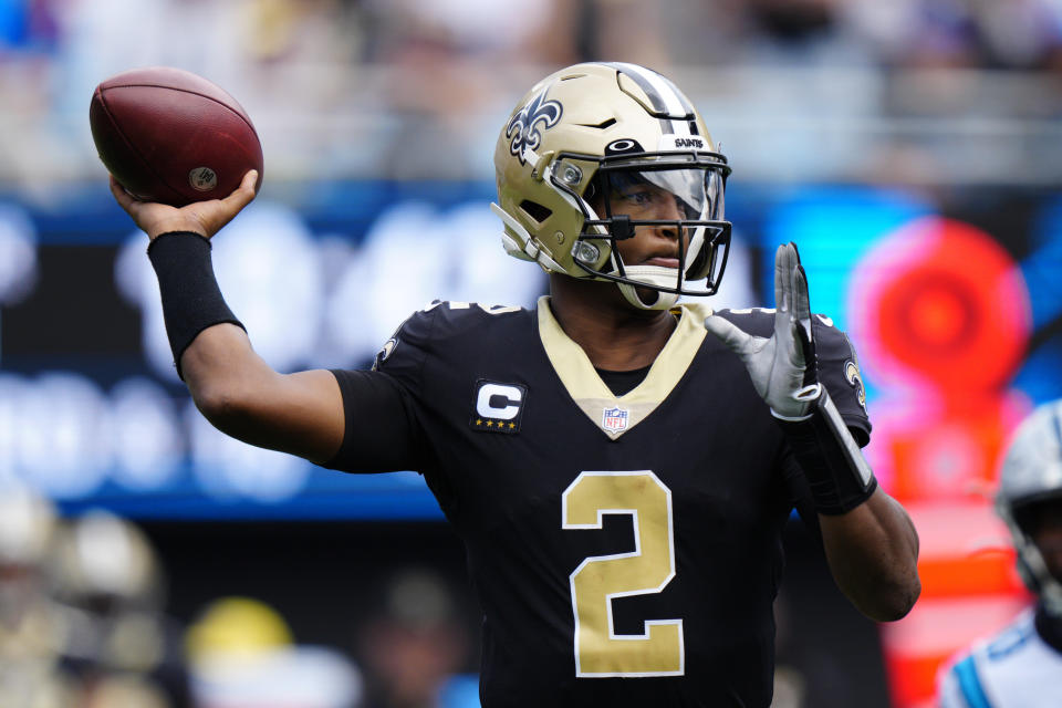 New Orleans Saints quarterback Jameis Winston passes against the Carolina Panthers during the first half of an NFL football game Sunday, Sept. 19, 2021, in Charlotte, N.C. (AP Photo/Jacob Kupferman)