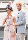 <p>Whilst at an event in London last week Meghan wore accessorised her dress with a matching nude clutch.<br>Source: Getty </p>