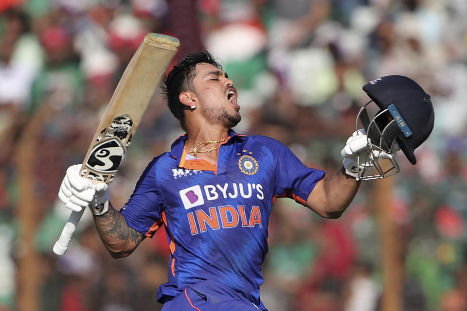 India's Ishan Kishan celebrates after scoring a double-century during the third one day international cricket match between Bangladesh and India in Chittagong, Bangladesh, Saturday, Dec. 10, 2022. (AP Photo/Surjeet Yadav)