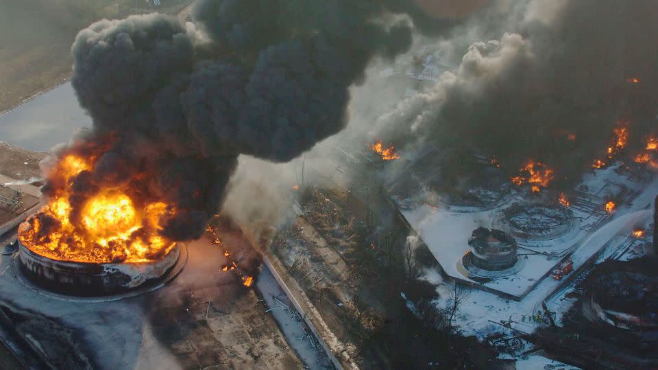 A fire burns at the Buncefield oil depot following the 2005 explosion. - Hertfordshire Police/Getty Images