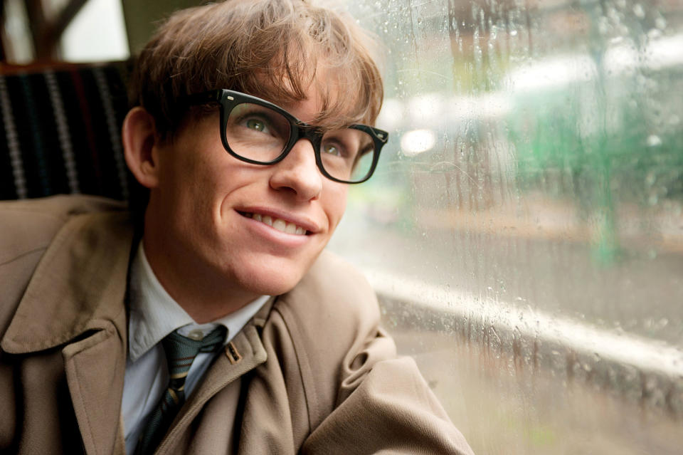 Redmayne as Hawking looking out the window as it rains