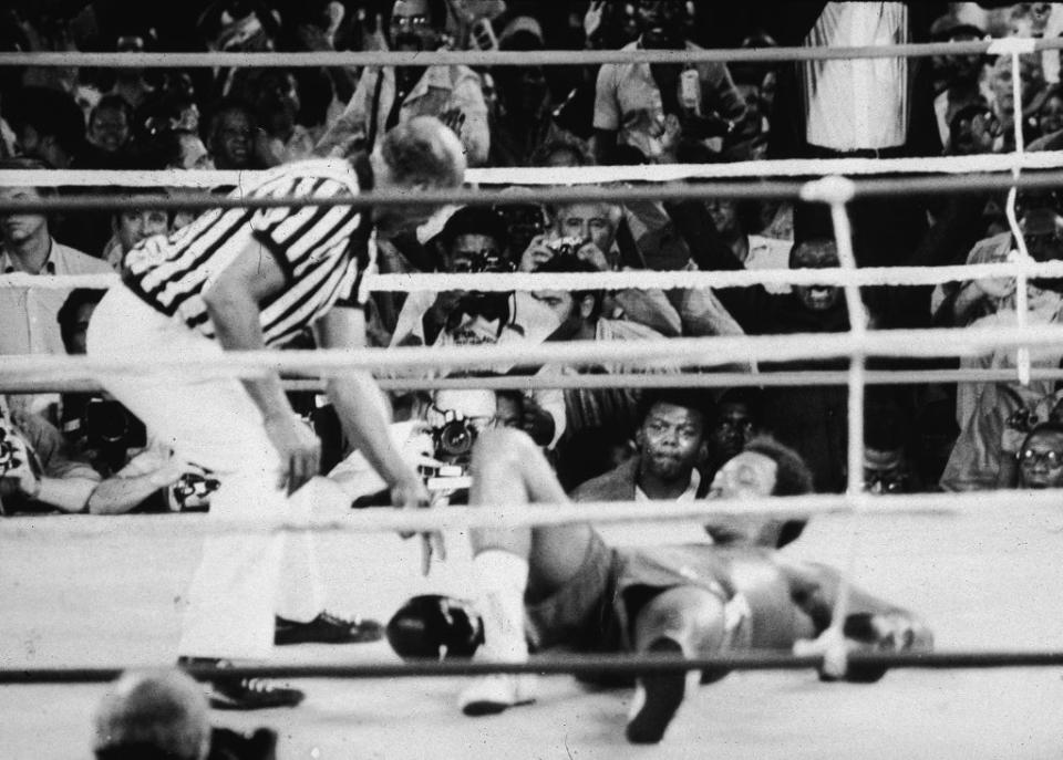 George Foreman was knocked out by Muhammad Ali in ‘The Rumble in the Jungle’ in Kinshasa, Zaire in 1974 (Getty)