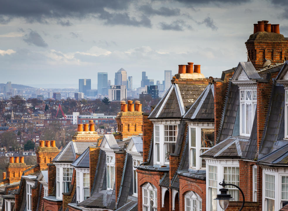 The red brick Victorian row houses of Muswell Hill with panoramic views across to the skyscrapers and financial district of the city of London.