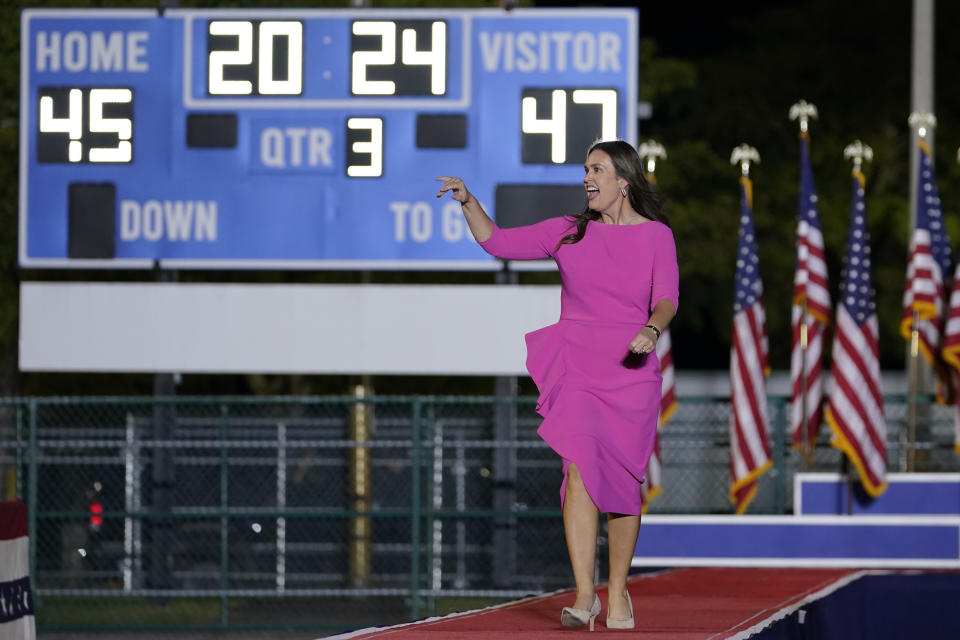 Arkansas Gov. Sarah Huckabee Sanders arrives at a campaign rally for former President Donald Trump in Hialeah, Fla., Wednesday, Nov. 8, 2023. (AP Photo/Lynne Sladky)