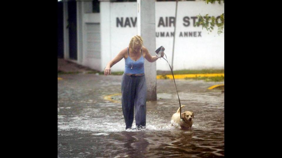 Maria Carey took her dog, Puni, for a walk on flooded Whitehead Street just after Hurricane Charley blew past Key West on a Friday morning, Aug. 13, 2004.