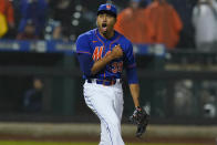 New York Mets relief pitcher Edwin Diaz reacts after the team's baseball game against the Seattle Mariners on Saturday, May 14, 2022, in New York. The Mets won 5-4. (AP Photo/Frank Franklin II)