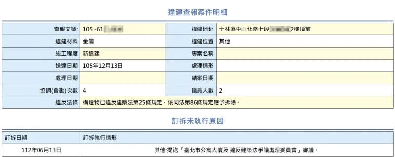 ▲網紅蓓蓓的違建住家位在中山北路七段巷弄裡，2016年12月被查報屬即報即拆的「新違建」。（圖／翻攝台北市建管違建查詢網頁）