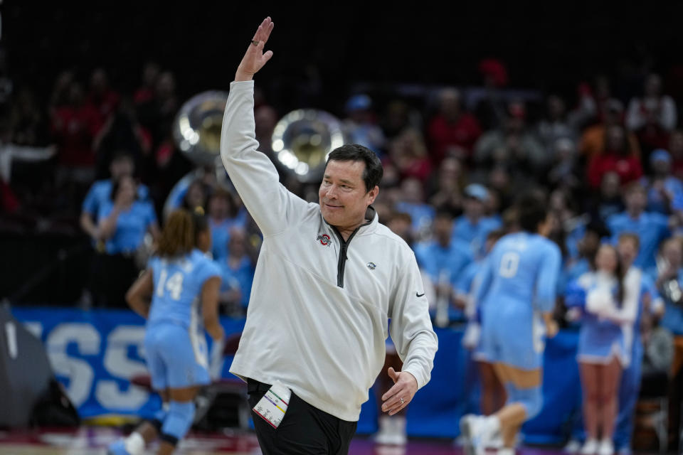 Ohio State head coach Kevin McGuff celebrates following a second-round college basketball game against North Carolina in the women's NCAA Tournament in Columbus, Ohio, Monday, March 20, 2023. Ohio State defeated North Carolina 71-69. (AP Photo/Michael Conroy)