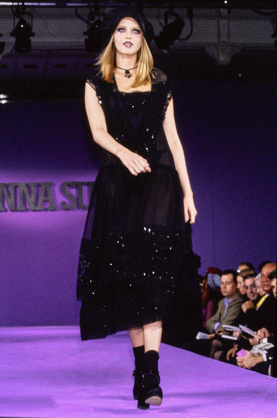 Supermodel Nadja Auermann walks in Anna Sui’s spring 1993 show.