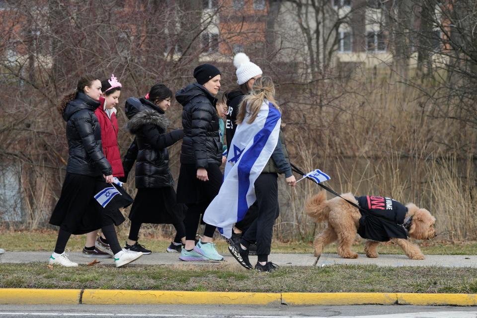 In Tenafly, NJ on Friday Feb. 9, 2024, the global organization Run For Their Lives holds their weekly walk around Tenafly on Fridays to ask for the release of the hostages in Hamas controlled Gaza.