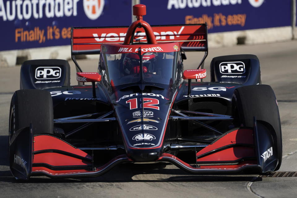 Will Power, of Australia, practices for the IndyCar Detroit Grand Prix auto racing doubleheader on Belle Isle in Detroit, Friday, June 11, 2021. (AP Photo/Paul Sancya)