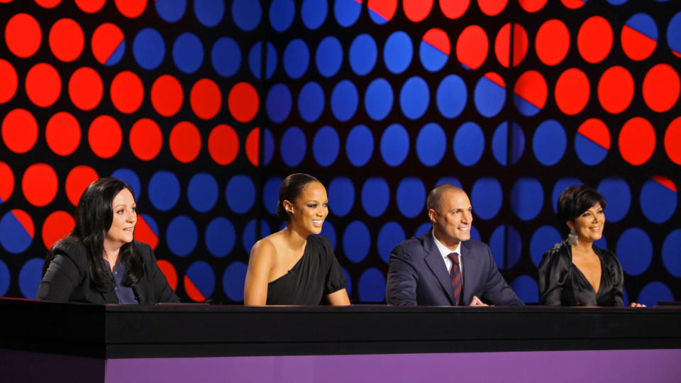 In this undated image released by The CW, guest judge Kris Jenner, right, joins fashion publicist Kelly Cutrone, from left, Tyra Banks, and Nigel Barker on the judges' panel for elimination on the reality competition series, "America's Next Top Model," airing Wednesdays on the CW network. (AP Photo/The CW, Patrick Wymore)