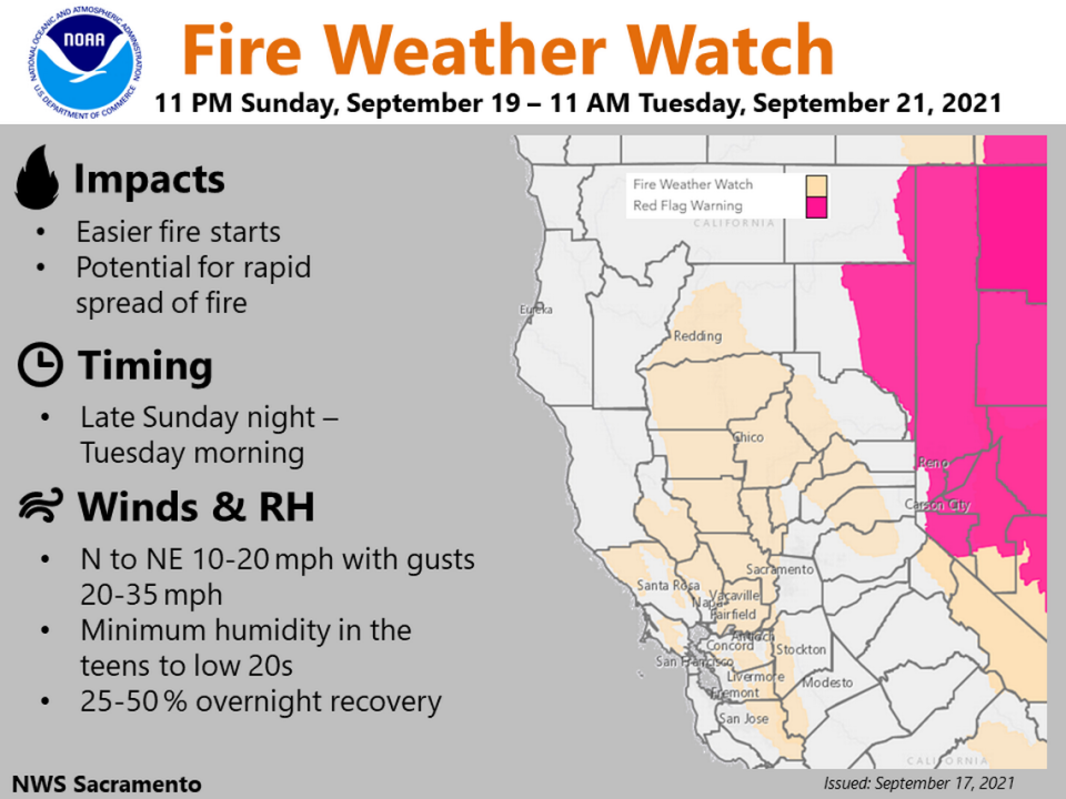 A weather service map shows a red flag warning and a fire weather watch set to take effect Sunday night.