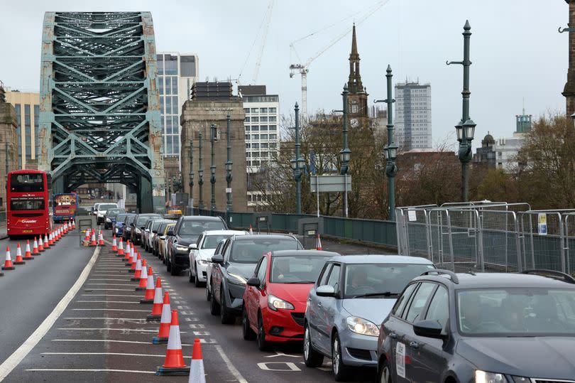 Heavy traffic on the A167 central motorway as the Tyne bridge goes down to one lane in both directions