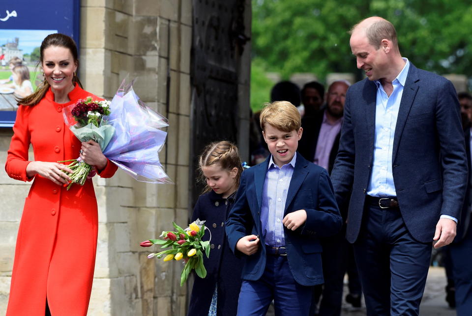 Britain's Prince William and Catherine, Duchess of Cambridge, leave Cardiff Castle with their children Princess Charlotte and Prince George, during the Queen Elizabeth's Platinum Jubilee celebrations in Cardiff, Britain June 4, 2022. REUTERS/Rebecca Naden