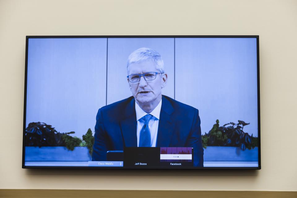 Tim Cook testifies before a House Judiciary Subcommittee on Antitrust, Commercial and Administrative Law, July 29, 2020.