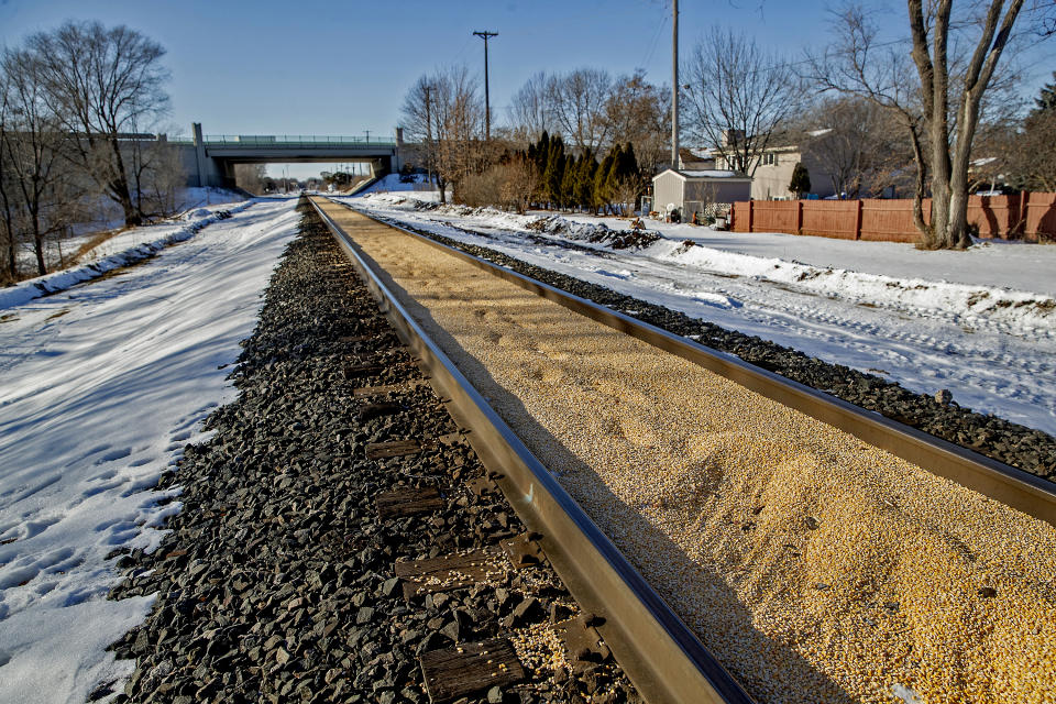 Train tracks are filled with corn spilled from a train on a Canadian Pacific line and sat two inches deep for just under a half-mile, Tuesday, January 7, 2020 in Crystal, Minn. (Elizabeth Flores/Star Tribune via AP)