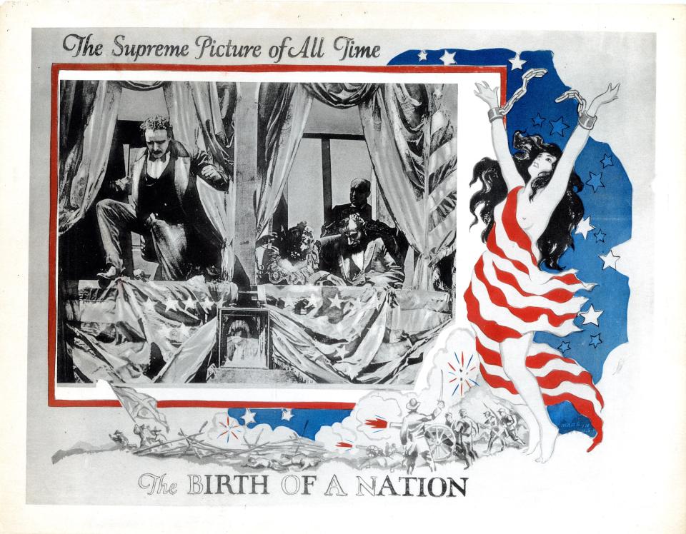 The Birth Of A Nation, poster, from left: Raoul Walsh, as John Wilkes Booth, Alberta Lee, Joseph Henabery, as Abraham Lincoln, 1915. (Photo by LMPC via Getty Images)