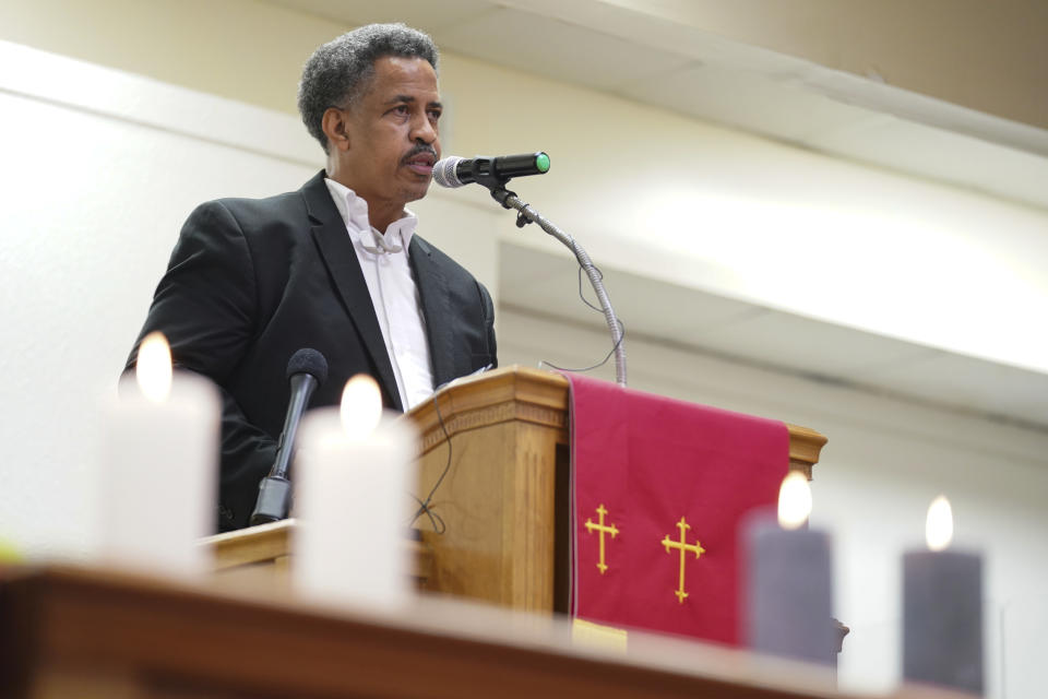 Pastor Herbert Godwin speaks during a vigil for a group of Americans recently kidnapped in Mexico, at Word of God Ministries in Scranton, S.C., Wednesday, March 8, 2023. Two of the four Americans, all from South Carolina, were killed after being caught in a deadly shootout while traveling last week to Matamoros for one of them to get cosmetic surgery. (AP Photo/Sean Rayford)