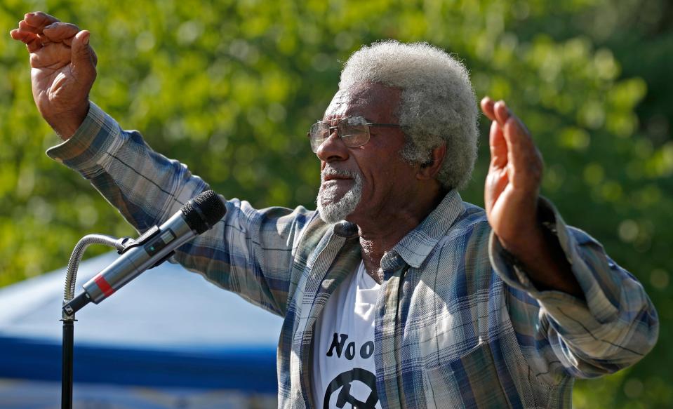 Boxtown property owner Clyde Robinson sings during a celebration for the one-year anniversary of the cancellation of the Byhalia Pipeline on Saturday, July 2, 2022, at Alonzo Weaver Park. The event featuring free food and speeches celebrated the fight that stopped the crude oil pipeline from being built through Boxtown.