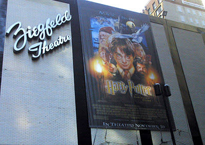 A giant poster on the side of the Ziegfeld Theater at the New York premiere of Warner Brothers' Harry Potter and The Sorcerer's Stone