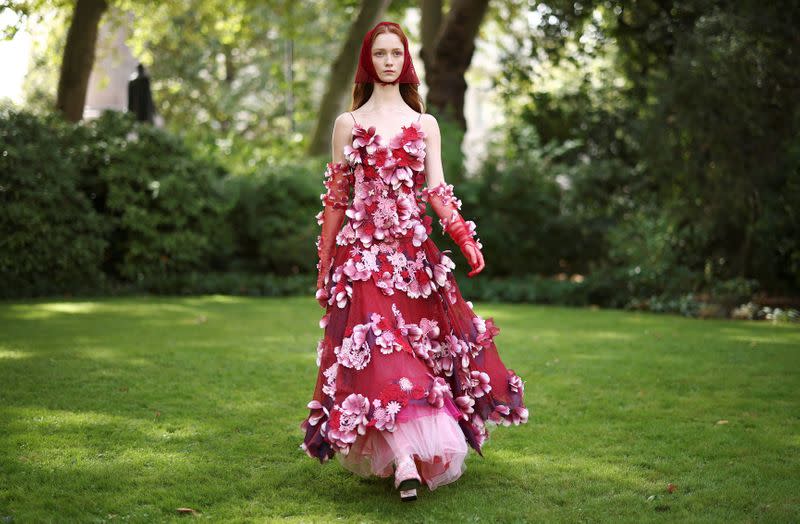 A model presents a creation during the Bora Aksu Spring/Summer 2022 catwalk show at London Fashion Week in London