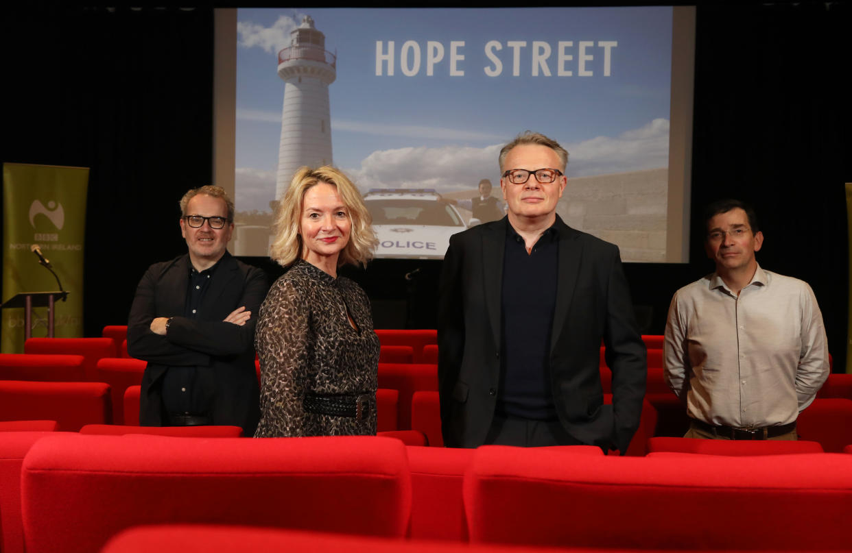 (L-R) Eddie Doyle, head of television commissioning BBC NI, Donna Wiffen, executive producer Long Story TV, Paul Marquess, executive producer Long Story TV, Andrew Reid, head of production, Northern Ireland Screen (Press Eye/PA)