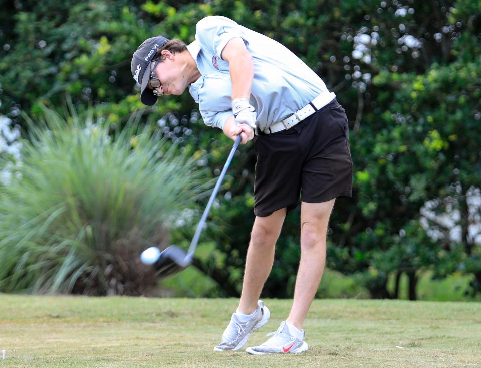 New Smyrna Beach's Aidan Lewis tees off during the Volusia/Flagler Boys Championship on Monday, Oct. 9, 2023 at Crane Lakes in Port Orange.