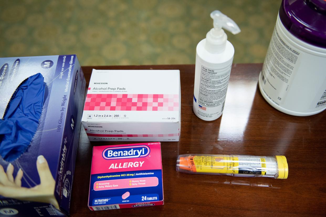 Benadryl is pictured among other medicine in Falls Church, Virginia, on Dec. 30, 2020.