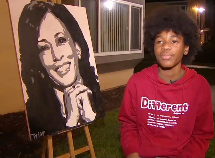 Tyler Gordon with his portrait of Kamala Harris (via NBC Bay Area) Photo: Twitter/ @official_tylerg