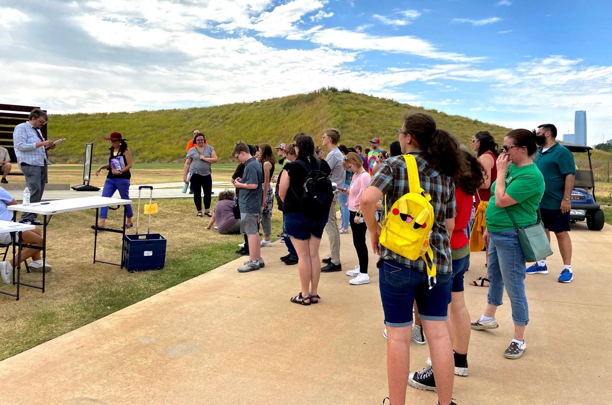 Young people and their advisors visit the First Americans Museum Mound during the recent Oklahoma Faith Network's 2023 Interfaith Youth Tour.