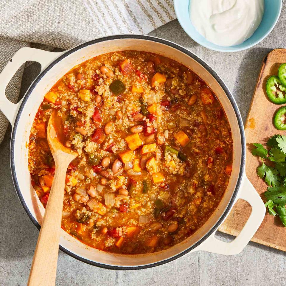 <p>This hearty vegetarian quinoa chili with sweet potatoes has mild spice from poblanos and green chiles. Chili powder, cumin and garlic provide classic chili flavor. <a href="https://www.eatingwell.com/recipe/7909910/quinoa-chili-with-sweet-potatoes/" rel="nofollow noopener" target="_blank" data-ylk="slk:View Recipe" class="link ">View Recipe</a></p>